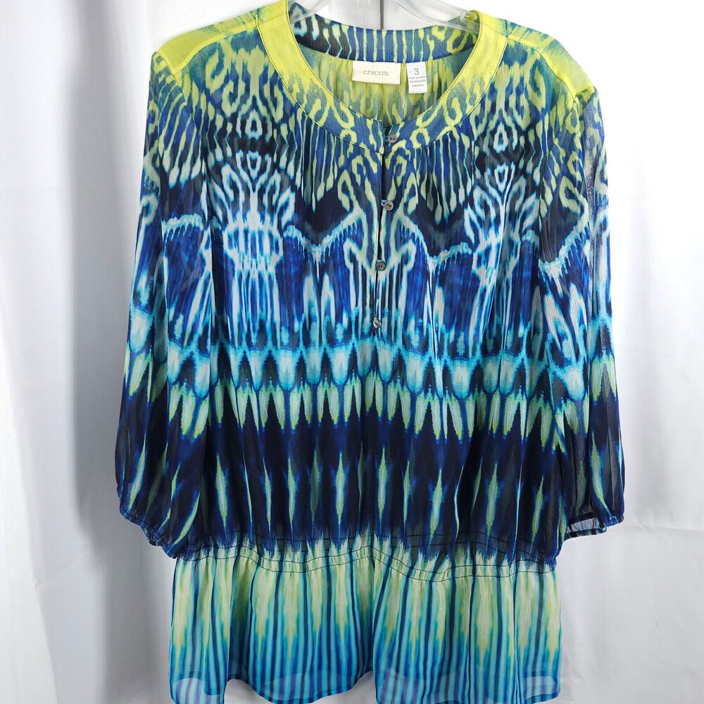Chico's Blue Navy Teal Tie-Dye Patterned Tunic